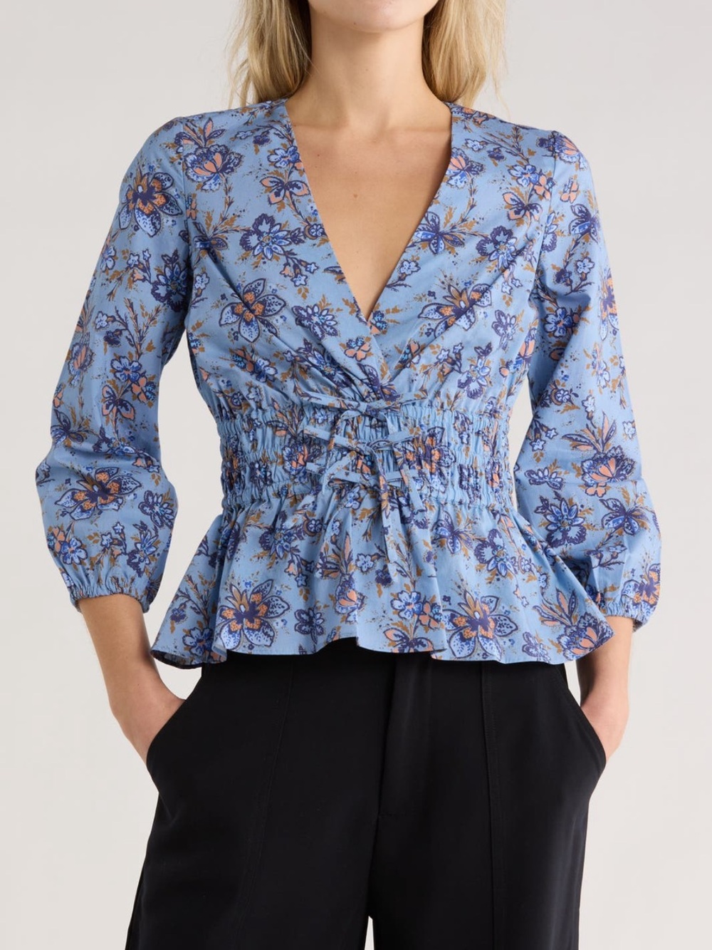10 Crosby Derek Lam Sky Blue Floral V-Neck Smocked Peplum Blouse